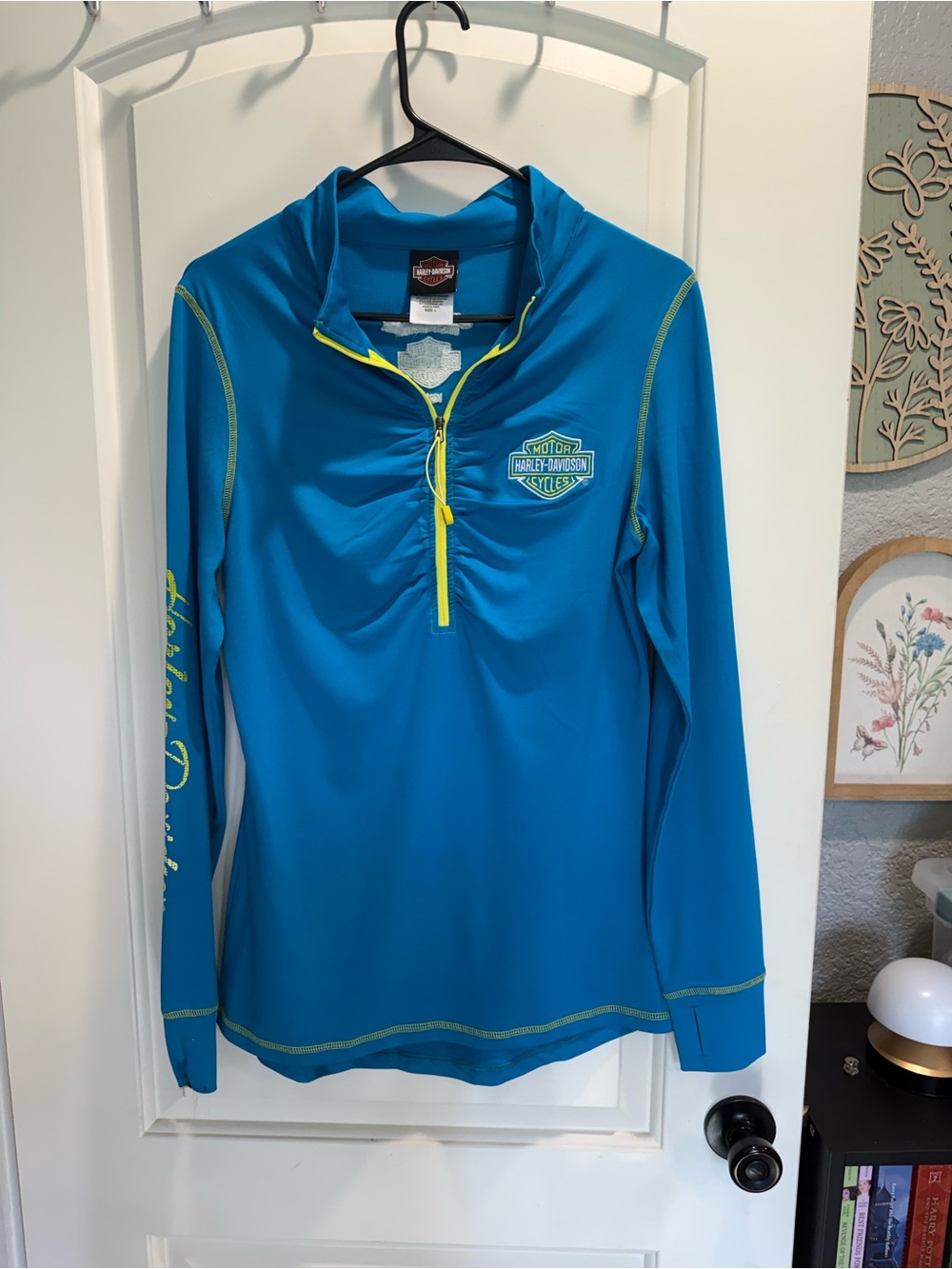 Harley-Davidson Women's Teal Quarter-Zip Hoodie with Neon Yellow Accents